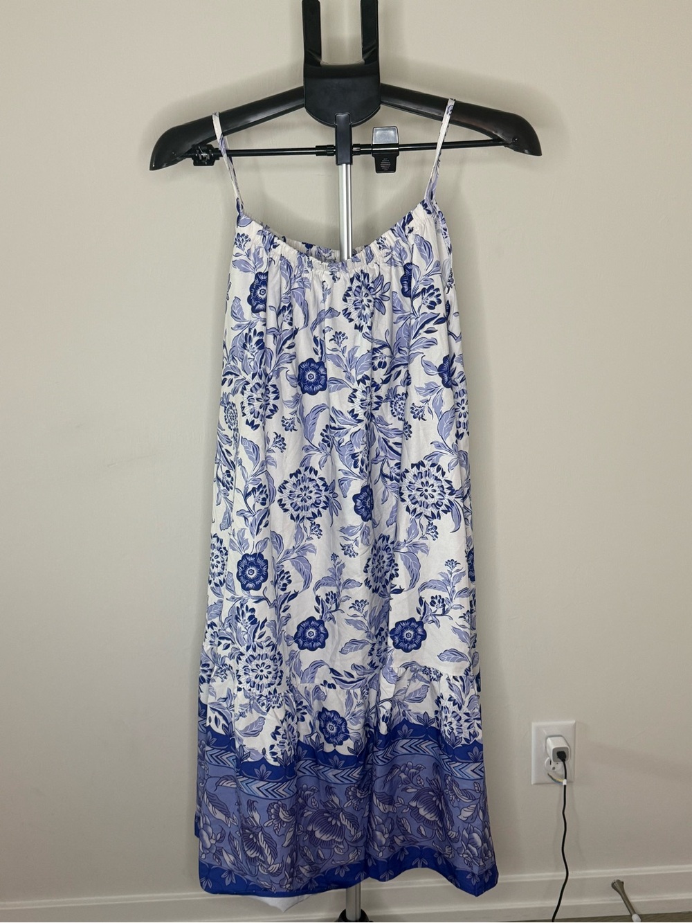 Blue & White Floral Border Print Sleeveless Midi Dress Size M Brand Unknown
